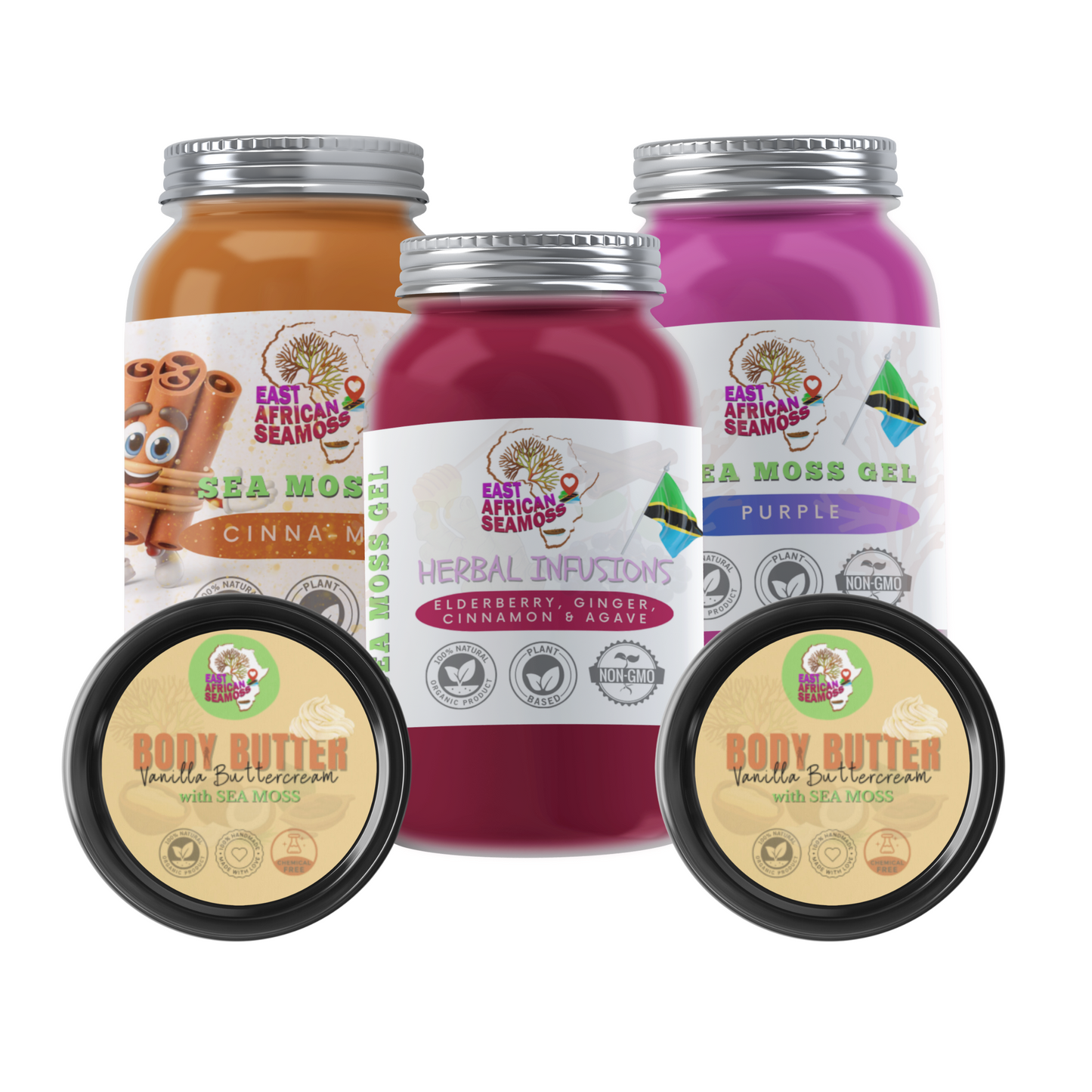 VARIETY PACK (2 Vanilla Cream Sea Moss Body Butters, Elderberry/Ginger, Cinnamoss, and Purple sea moss gel)