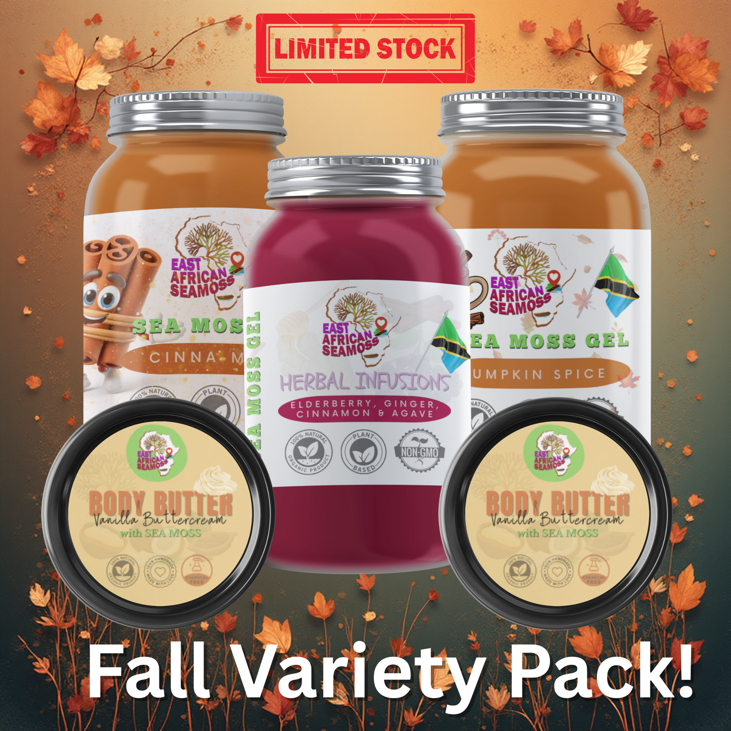 Fall Variety Pack (2 Vanilla Cream Sea Moss Body Butters, Pumpkin Spice, Cinnamoss, and Elderberry Sea Moss Gel)
