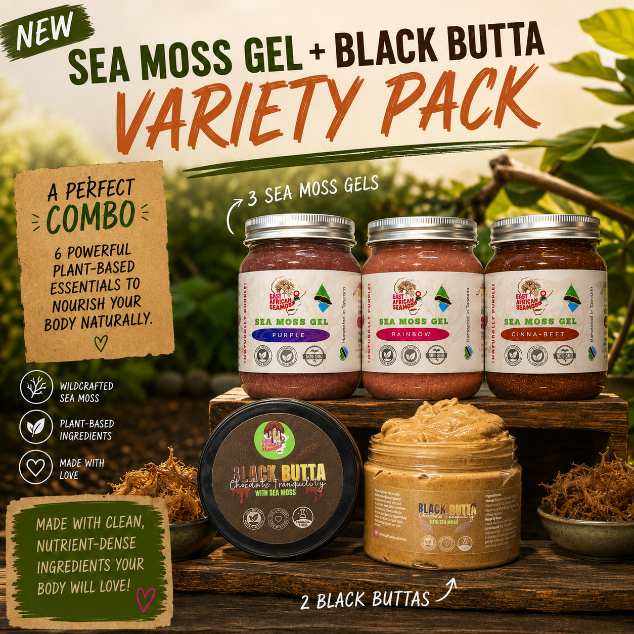 Nourish & Glow Bundle (3 sea moss gels + 2 black buttas)