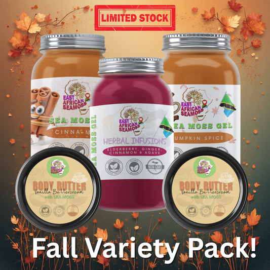 Fall Variety Pack (2 Vanilla Cream Sea Moss Body Butters, Pumpkin Spice, Cinnamoss, and Elderberry Sea Moss Gel)